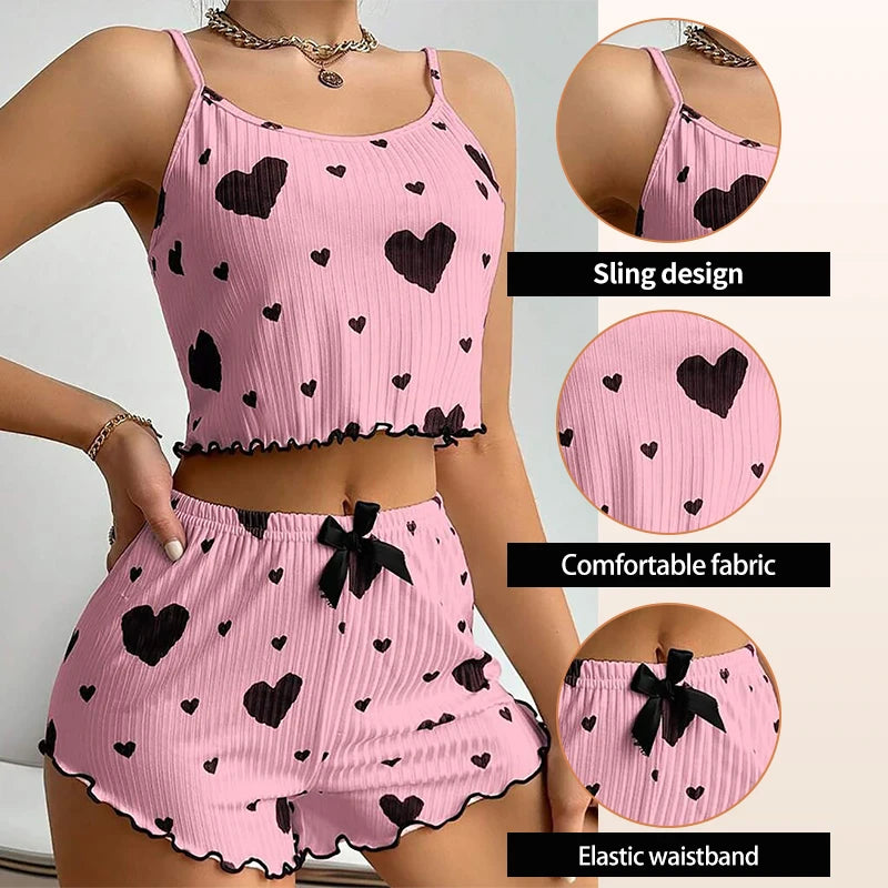 Women’s Heart-Print Pajama Set – 2-Piece Cami Top & Shorts - 3KDyn